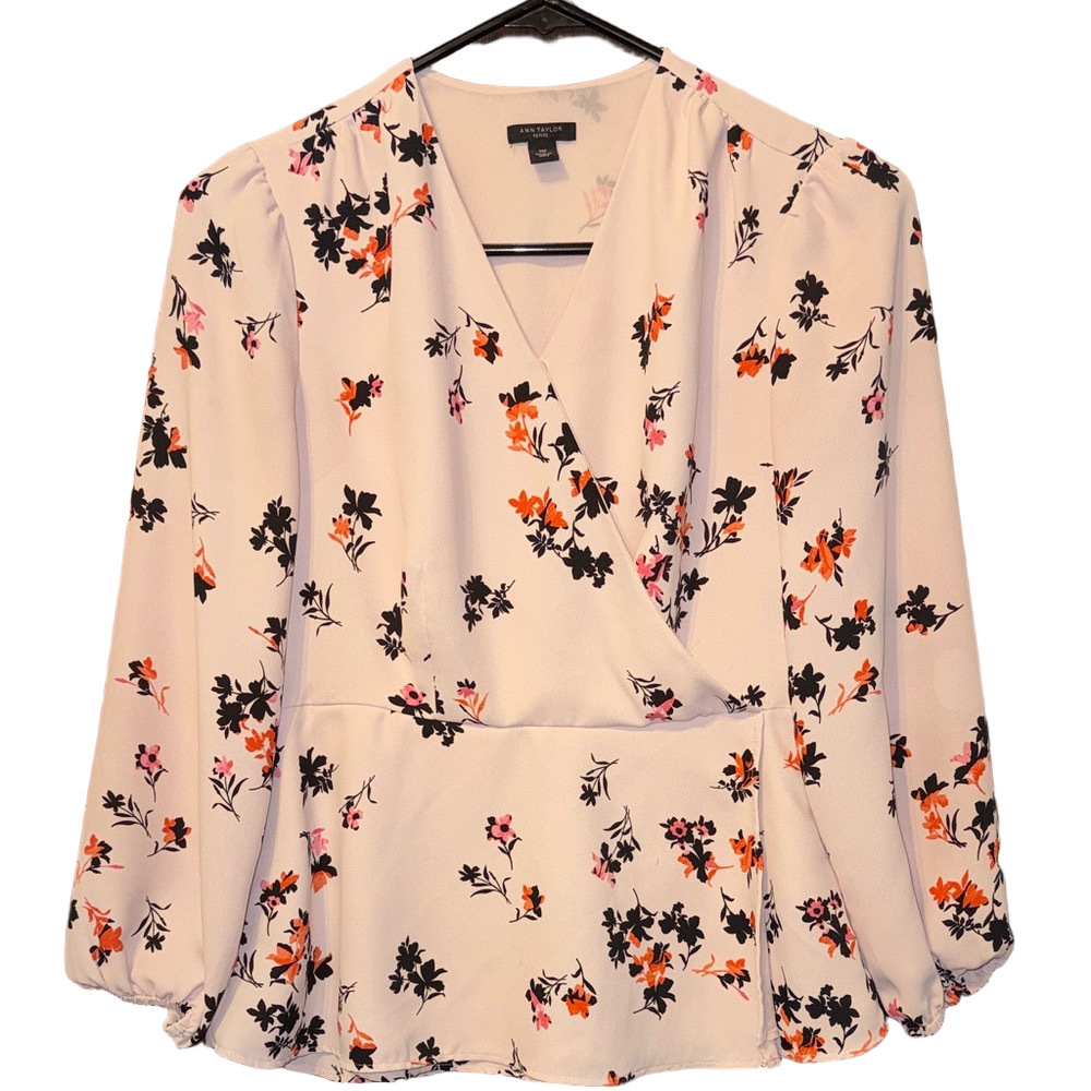 Ann Taylor Pink Floral Crossover Peplum Blouse